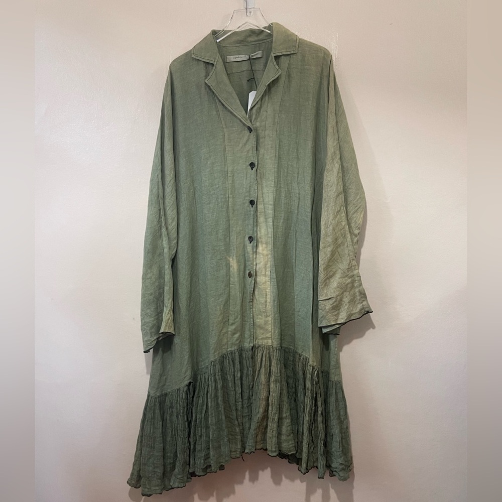 Cynthia Ashby Ruffled Green Linen Button Up Maxi Dress/Jacket
